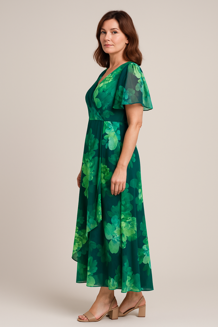 Elegancka sukienka maxi Lilo Store, kopertowy dekolt, zwiewne rękawy, zielony wzór liści