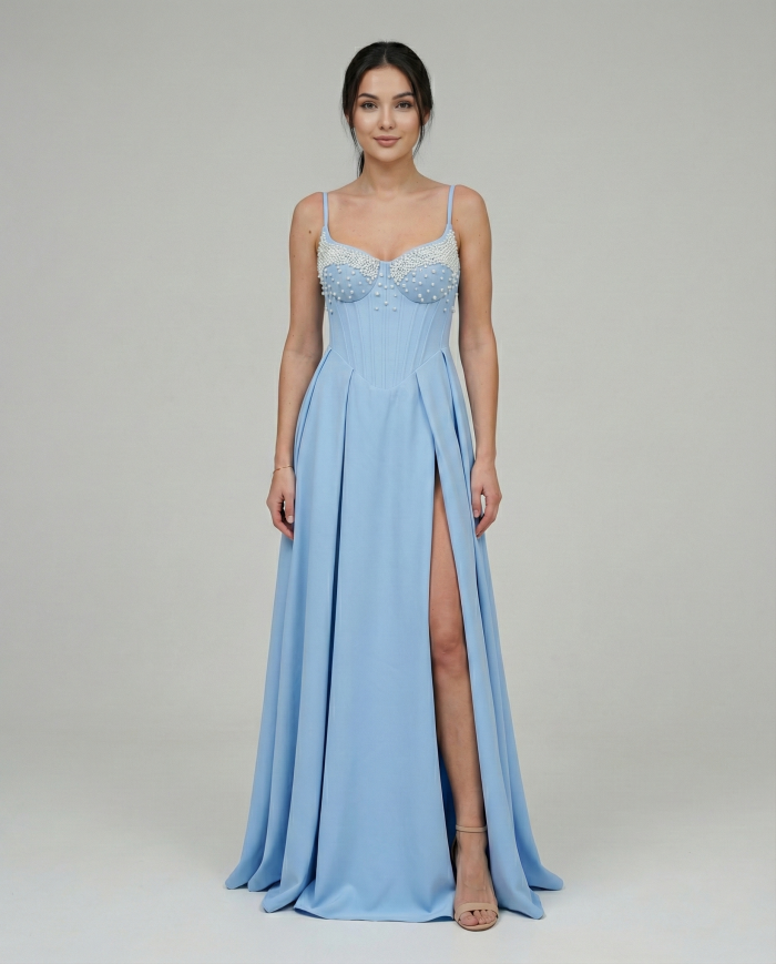 Sukienka Maxi Perełki Niebieska
