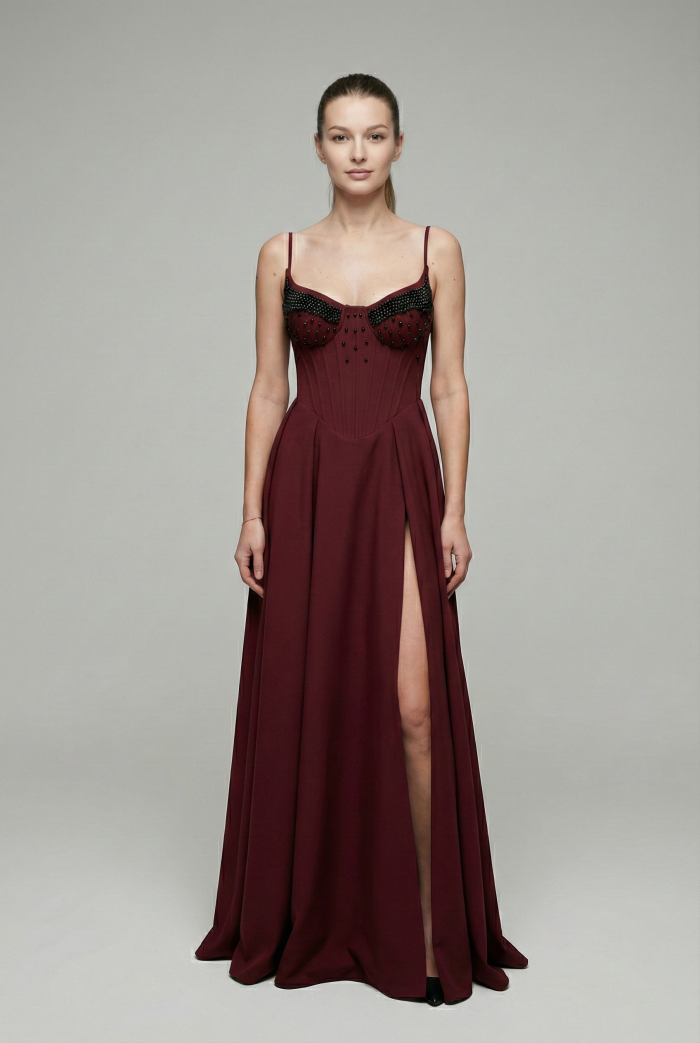 Sukienka Maxi Perełki Bordowa