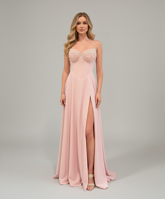 Sukienka Maxi Perełki Pudrowy Róż