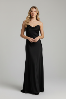 Elegancka czarna sukienka maxi z lejącym dekoltem, na cienkich ramiączkach, satynowa