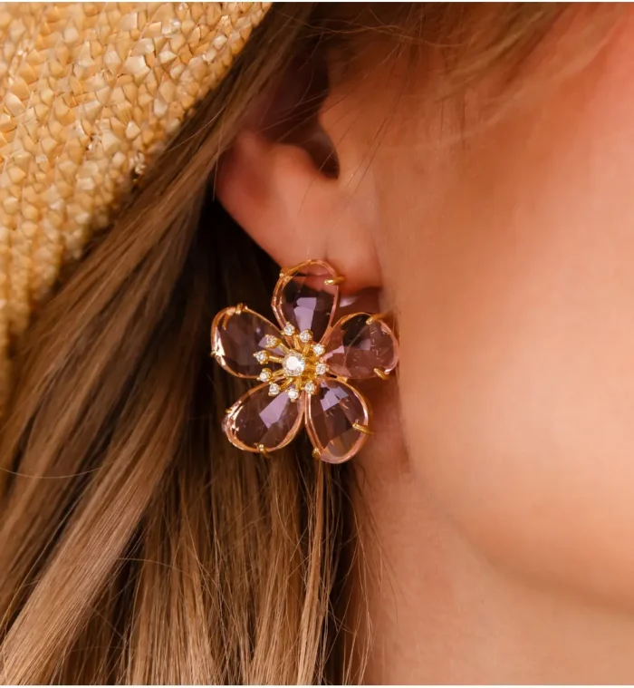 Koczyki kwiatki z różowymi kryształami