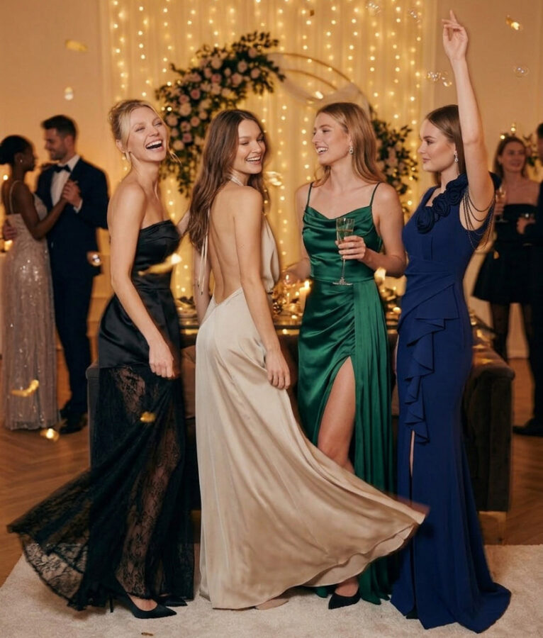 Eleganckie sukienki wieczorowe: czarna koronkowa, beżowa satynowa, szmaragdowa z rozcięciem, granatowa z falbanami.