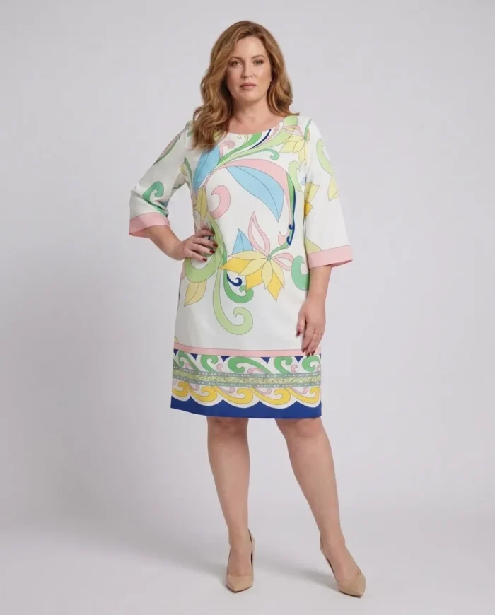 Biała sukienka plus size w pastelowe kwiaty i geometryczny wzór na dole, rękawy 3/4.