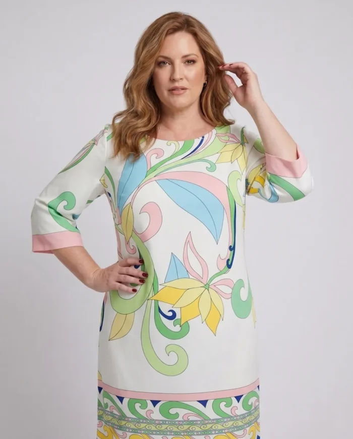 Biała sukienka plus size o prostym kroju z pastelowym wzorem botanicznym, rękawy 3/4.