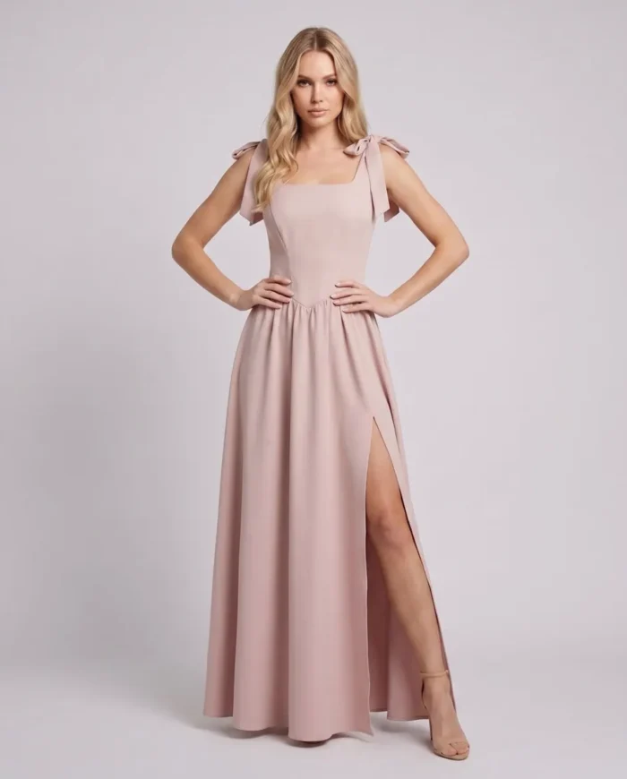 Elegancka sukienka maxi pudrowy róż, kwadratowy dekolt, wiązane ramiączka, wysokie rozcięcie.