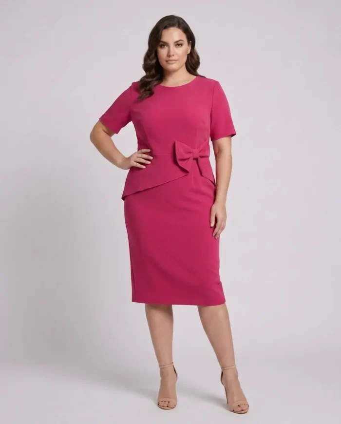 Elegancka fuksjowa sukienka plus size z krótkim rękawem, peplum i ozdobną kokardą w pasie