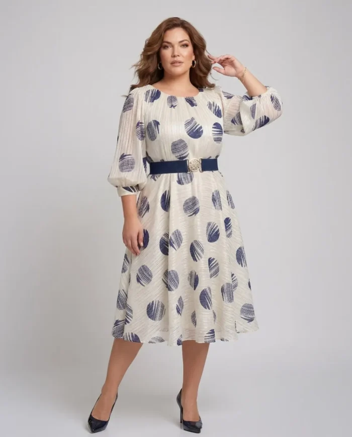 Kremowa sukienka midi plus size z granatowymi wzorami, bufiaste rękawy, niebieski pasek.