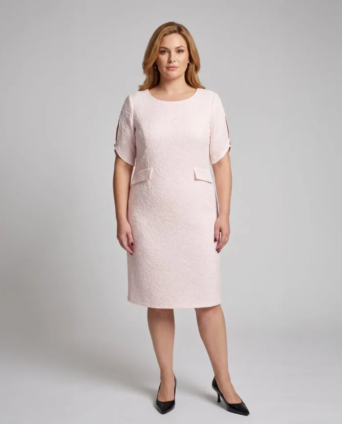 Elegancka bladoróżowa sukienka plus size z krótkimi rozciętymi rękawami, ozdobnym wzorem.