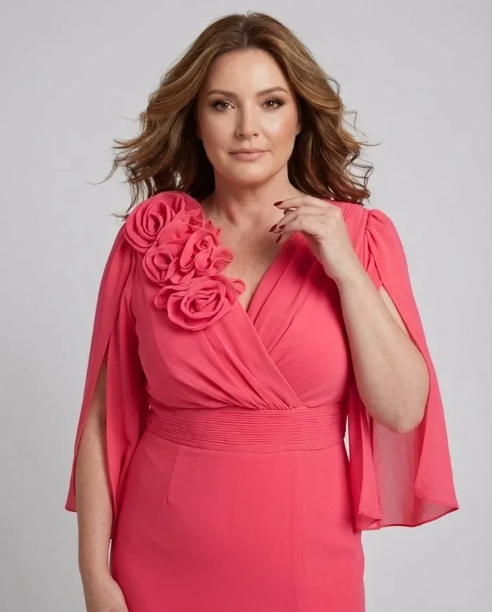 Koralowa sukienka plus size z kopertowym dekoltem, kwiatami 3D i pelerynowymi rękawami.