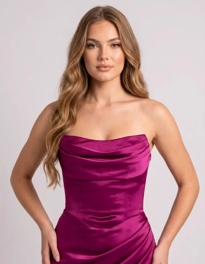 Elegancka satynowa sukienka fuksja, gorsetowy top z drapowanym dekoltem